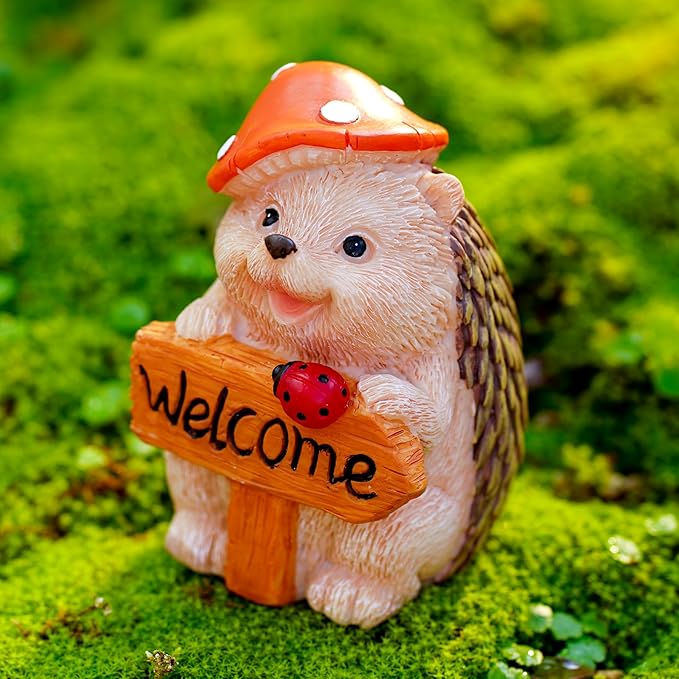 Garden Hedgehog Welcome Sign Statue with Mushroom Hat, Solar LED Ladybug Light, Outdoor Decorative Figurine 4.6in, Housewarming Gift for Patio,Yard,Lawn Ornament