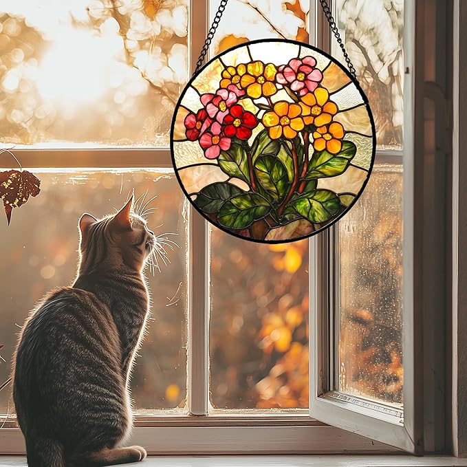 Stained Glass Window Hanging, Yellow Red Flowers Sun Catcher for Window Door Home Decor Green Plant Suncatcher Christmas Mother's Day Birthday Gifts for Women Men Mom and Nana 11.8 in