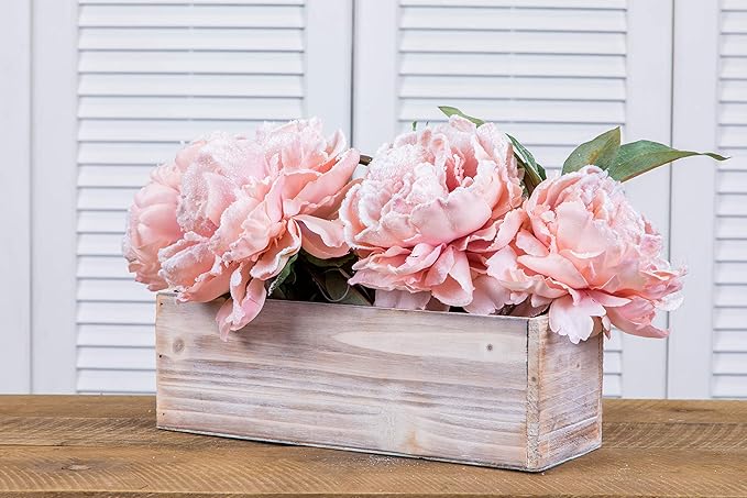 Wood Planter Box Set, Rustic Whitewash, Plastic Liner, 12x4 Inch Rectangular Flower Holder, Natural Wood Decor, Country Style, Home and Wedding Decorations, Garden Ornaments (Set of 4)