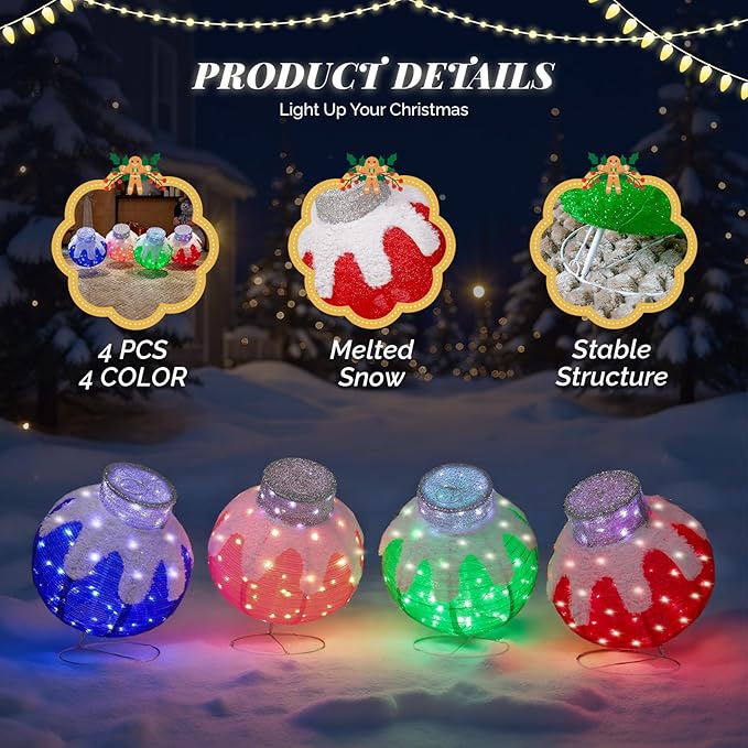 VINGLI 4 Packs Pop Up Ornaments Collapsible Christmas Decorations with 320 LED Lights, 18in Pre Lit Christmas Ball Holiday Decor for Indoor Outdoor Lawn Garden Patio, 4 Packs
