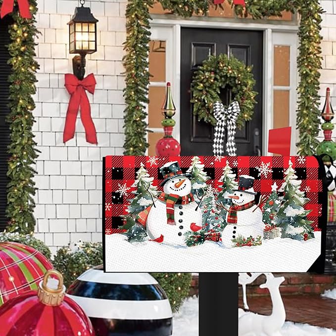 Christmas Snowman Mailbox Cover Magnetic Standard Size 20.5" x 18", Xmas Tree Buffalo Plaid Cardinal Decorative Post Letter Box Wrap Decor, Winter Holiday Garden Yard Outdoor Decoration