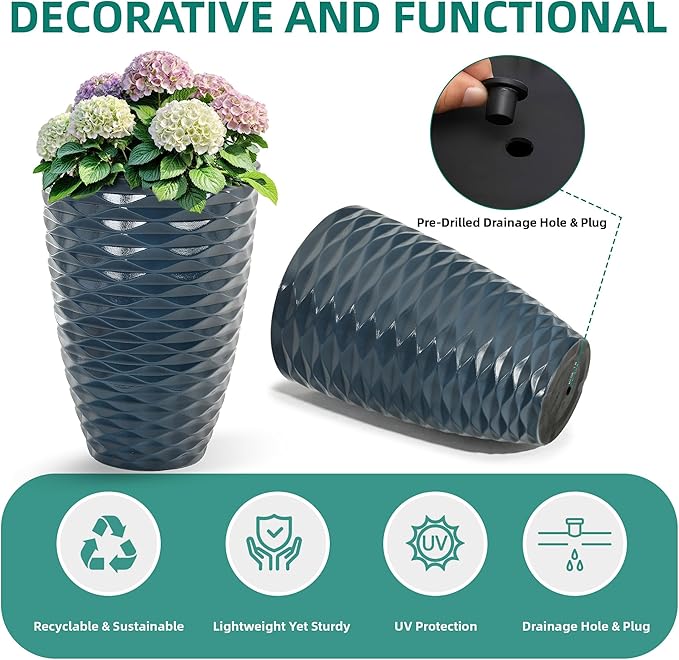 19" Resin Tall Outdoor Planters,Set of 2 Marine Round Large Flower Pot for Plants,Handmade Glossy Finish and Wave Texture,Weather-Resistant for Porch Christmas Decor,Garden, Patio or Indoor Use