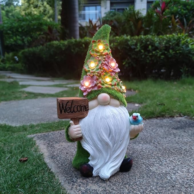 Gnome Garden Decor Statue Solar Gnomes Decorations for Yard with Succulent and 6 LED Lights Outdoor Figurines Light,Lawn Decor for Patio, Balcony, Yard Ornament - Unique Housewarming Gifts
