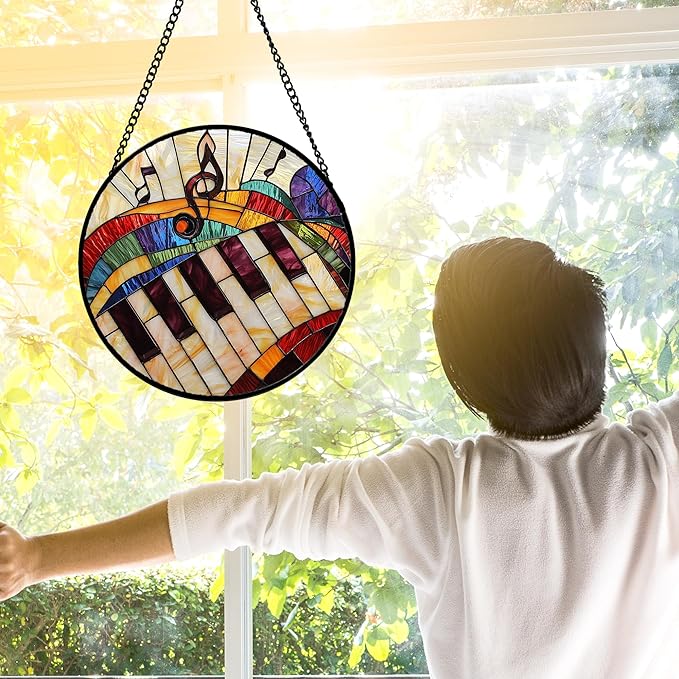 Stained Glass Window Hanging, Piano Notes Sun Catchers Glass Panel Suncatcher Decor for Birthday for Women, Men, Wife, Aunt, and Mom 9.8 in