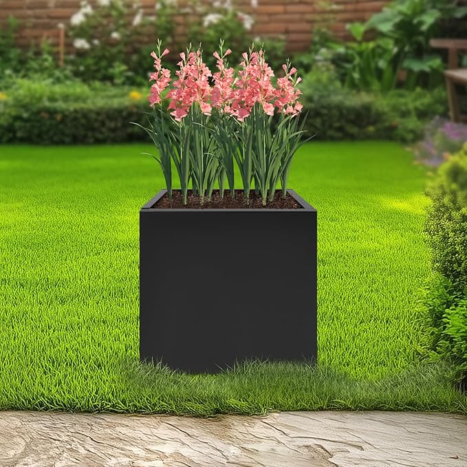 Metallic Heavy Planter Box, Large Metal Planter with Removable Insert Shelf for Outdoor/Indoor, Tall Trees, Plants, Flowers, Easy Assembly (Black, 18 * 18 * 20inch)