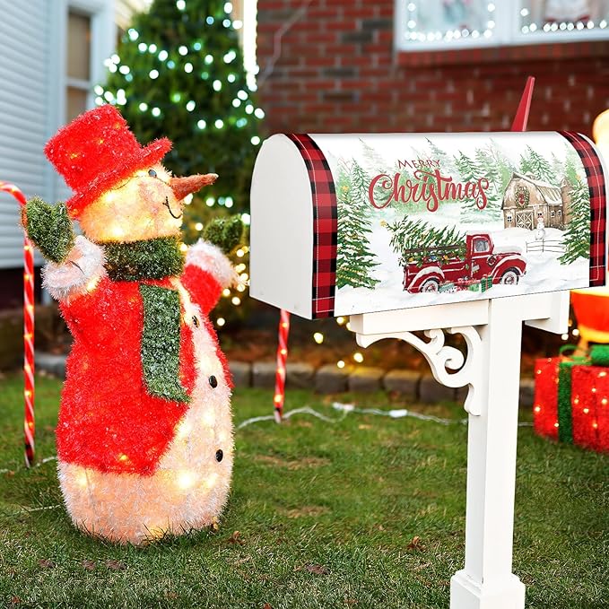 Blosssound Merry Christmas Magnetic Mailbox Cover Xmas Red Truck Mailbox Covers Decor Snowflakes Red Plaid Print Christmas Post Box Standard Size 21 X18 Inch Garden Yard Outdoor Decoration