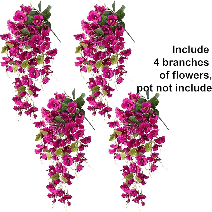 Artificial Hibiscus Fake Hanging Flowers Plants for Outdoors Spring Summer Decor, 4pcs Fuchsia Silk Hibiscus Long Trailing Vines UV Resistant Realistic Faux Flower for Outside Front Door Porch Patio