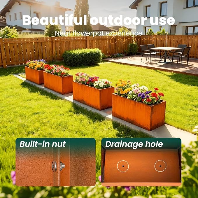 Corten Steel Planter Box Metal Outdoor Large Rectangular Rustic Durable Antique Detached for Commercial Residential Patio Deck and Backyard 24" x 12" x 12"