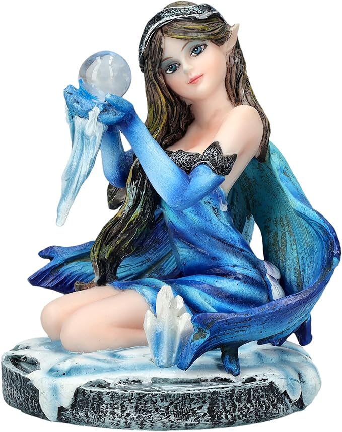 Pacific Giftware 3" Blue Ice Fairy Figurine with Crystal Ball and Frost Accents Small Fairy Statue Perfect for Tabletop Decor and Fantasy Collection