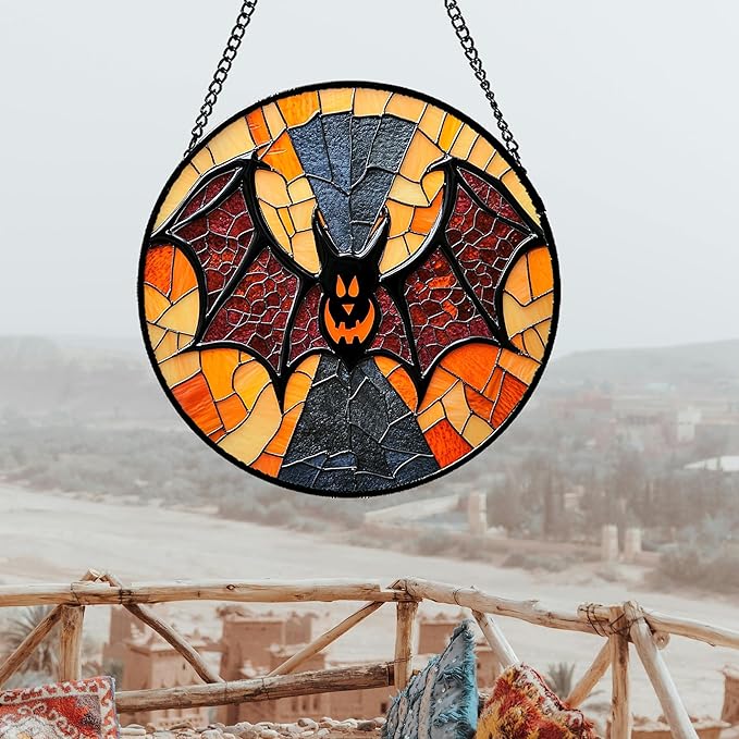 Stained Glass Window Hanging Halloween Horror Bat Monster Large 15" - Suncatcher Door Garden Kitchen Sun Catcher Home Gothic Decor Birthday for Mom Men Woman Friend Grandma