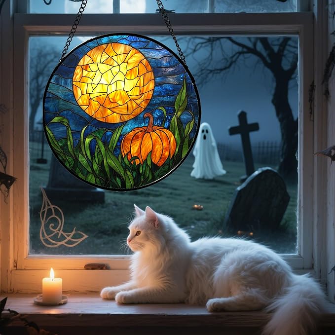 Stained Glass Window Hanging - Halloween Decorations Orange Pumpkin Moon Suncatcher for Doors Garden Indoor Spooky Funny Sun Catchers Gothic Decor Horror Gifts for Women Men Friend 7.8 in