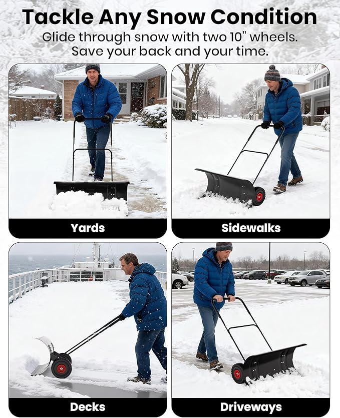 Snow Pusher with Wheels for Driveway, 36" Wide Heavy Duty Steel Blade, 2-Position Height Adjustment & 60° Tilt Handle, Ergonomic Push Snow Shovel with Ground Protection for Effortless Snow Removal