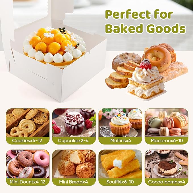 30 Pack Cake Boxes 10 Inch, Disposable Cake Transport Container, 10 Inch Cake Box with Window, White Bakery Boxes with Stickers, Cajas Para Pasteles for Cookies Pies Cupcakes Pastry(10x10x5 Inches)