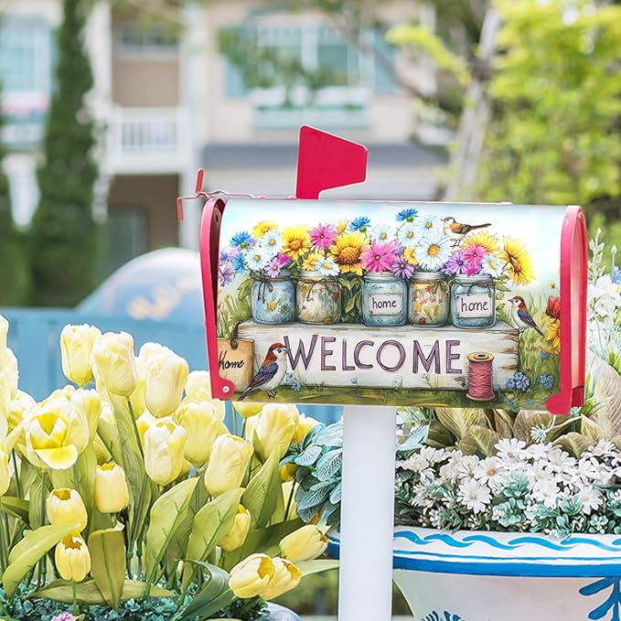 Spring Summer Floral Mailbox Covers Magnetic Standard Size 21 X 25.5 Inch Welcome Magnetic Mailbox Cover Bird Flowers Mailbox Wraps Post Box Cover Decoration Outdoor Garden Home Yard Outside