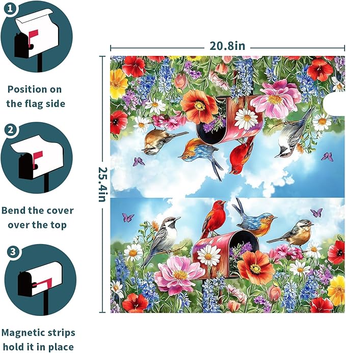 Floral Magnetic Mailbox Cover, Standard Size 21x25.5 Inch, Oxford Cloth, Post Mount, Multicolor