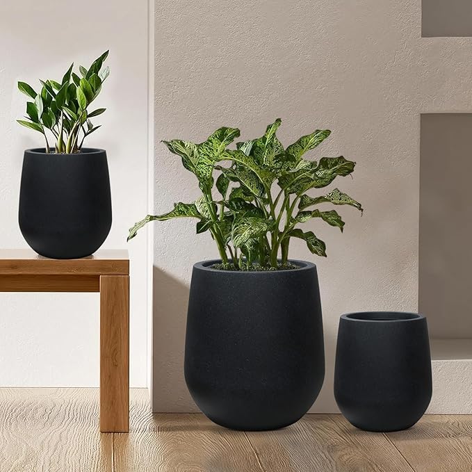 11.8" H Resin Tall Planters for Outdoor Plants, Modern Black Round Tapered Plastic Flower Pot for Outdoor and Indoor Plants, Large Plant Pot with Drainage Holes and Rubber Plug for Home Garden Patio