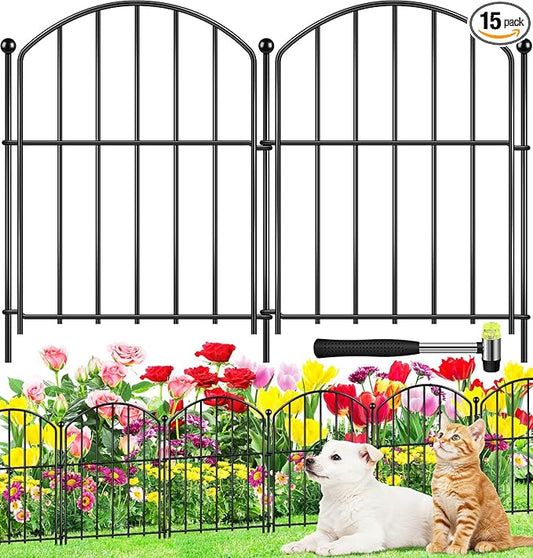 Decorative Garden Fence 17in (H) x15ft (L), Arched Rustproof Metal No Dig Fence for Dogs & Rabbit, Ornamental Animal Barrier for Flower Beds, Border Panels Fencing for Yard & Patio Outdoor Decor