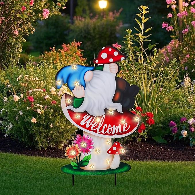 WONDER GARDEN Decorative Garden Stakes - Lighted Mushroom and Gnome Yard Sign Stakes with Flower, Spring Signs for Outdoor, Porch, Yard,Flower Bed Decor (Battery Operated)