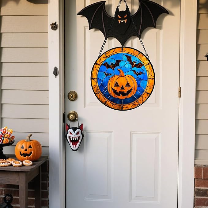 Stained Glass Window Hanging - Halloween Evil Pumpkin Suncatcher for Doors Window Garden Indoor Spooky Brown Bat Sun Catchers Gothic Decor Horror Gifts for Women Men Friend Boy Girl 9.8 in