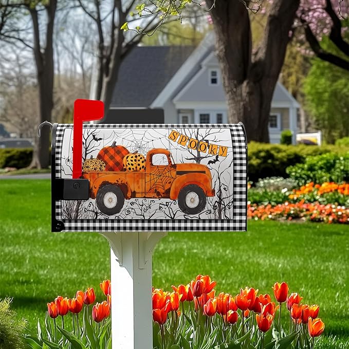 Orange Truck Mailbox Cover Halloween Mailbox Covers Magnetic Standard Size 21x18 inch Spider Web Mail Box Cover Pumpkin Decorative Mailboxes for Outside Garden Fall Autumn Buffalo Plaid