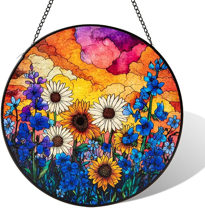 Stained Glass Window Hanging, Daisy Suncatcher for Doors Home Sun Catchers Decoration, Mother's Day Birthday Gifts for Women, Men, and Mom (Wildflowers)