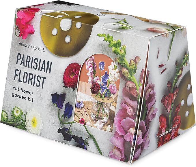Modern Sprout Travel Trio Parisian Flower Shop; Travel-Inspired Seed Kit with Brass Flower Frog, Organic Seed Starting; Gardening Gift