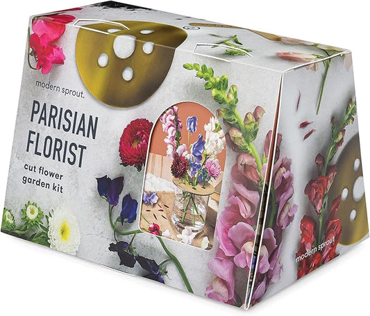 Modern Sprout Travel Trio Parisian Flower Shop; Travel-Inspired Seed Kit with Brass Flower Frog, Organic Seed Starting; Gardening Gift