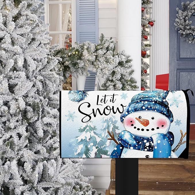 Winter Snowman Mailbox Cover Magnetic Standard Size 20.5" x 18", Let It Snow Pine Tree Snowflake Decorative Post Letter Box Wrap Decor, Christmas Seasonal Garden Yard Outdoor Decoration