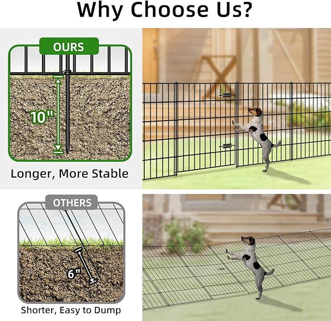 Metal Garden Fence with Gate 33.3in (H) x 23.3ft (L), 1 Gate + 9 Panels Dog Fence Border Fence Animal Barrier, No Dig Garden Fencing for Yard Flower Bed Lawn Patio Outdoor, PIN332810G Black