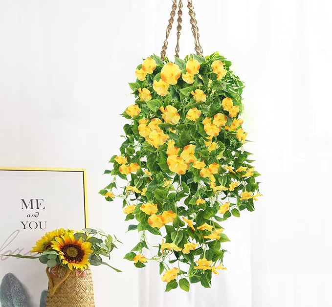 FERIAL Artificial Vines 15Feet Silk Flower Garland for Outdoors Yellow Morning Glory Vine Artificial Flowers Hanging Plants Garland Fake Green Plant 2Pcs for Wall Fence Indoor Wedding Banquet Decor