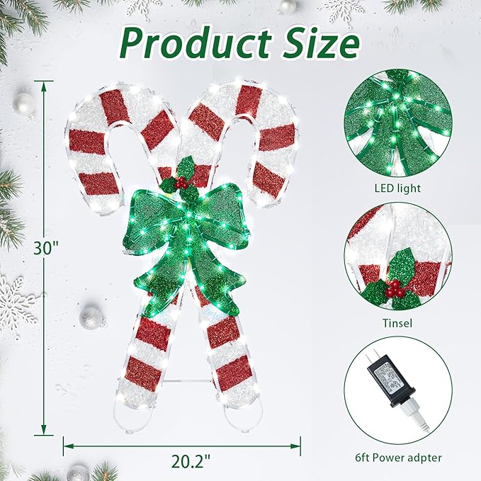 Christmas Candy Cane Lighted Decoration Christmas Lighted Crossed Candy Canes with Holly Berries Pre-Lit Decoration for Xmas Home Pathway Lawn Party Display