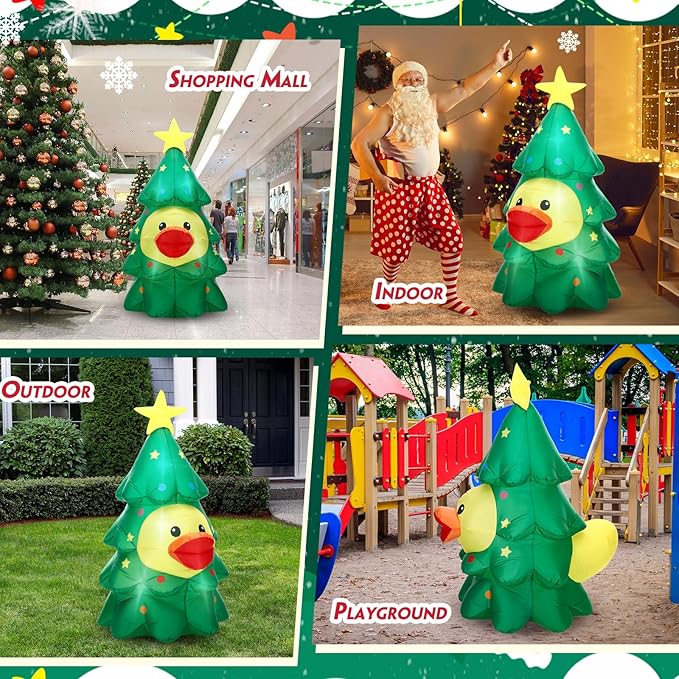 Leyndo 5FT Christmas Inflatables Decoration Outdoor Inflatables Duck with Build-in LEDs Lights Giant Blow Up Duck Wear Christmas Tree Costume for Mall Garden Patio Lawn Indoor Party