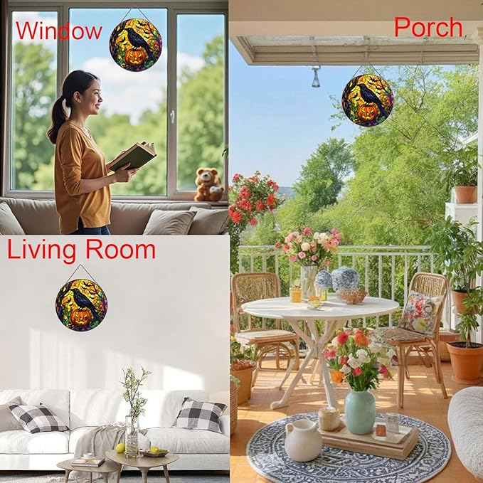 Crow Stained Glass Window Hanging,Halloween Window Decor, Fall Hanging Ornaments for Women Round Stained Glass Panels Ornaments for Fall Gift,Housewarming Gift, (A Style)