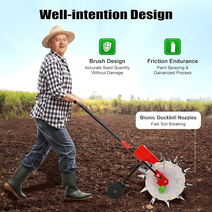 Manual Seeder Hand-Push Garden Seeder Planter with 8.27lbs Capacity Storage Box 16cm Spacing Garden Seeder and Fertilizer Spreader for Sowing Seeds Plants, 10 Nozzles