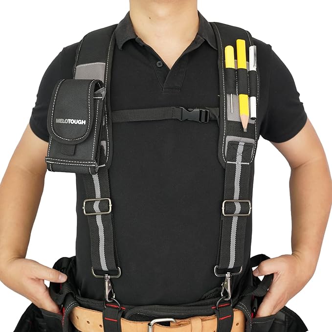MELOTOUGH Tool Belt Suspenders Construction Work Suspenders with detachable phone holder comfortable foam shoulder padder (Grey)