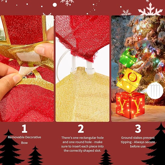 Christmas Joy Lighted Gift Boxes Decorations Set of 3, 2.8Ft Stackable Christmas Nesting Boxes Battery Operated for Home and Party Decoration