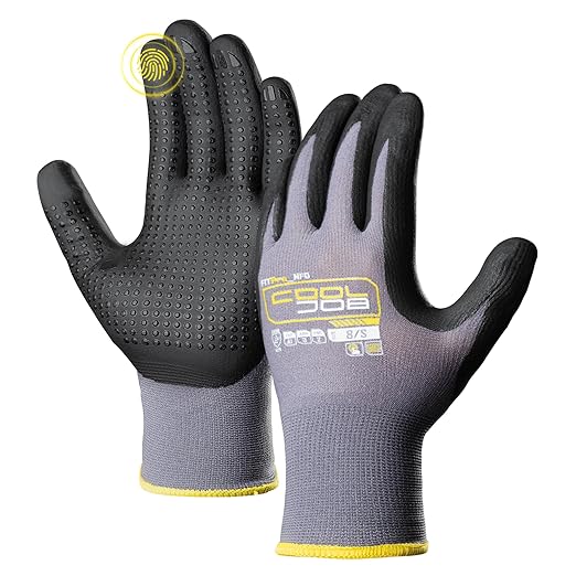 COOLJOB 12 Pairs Nitrile Rubber Dipped Safety Work Gloves with Grip Dots, Seamless Knit Nylon Gloves with 2 Fingers Touchscreen, Non-slip Coated for Warehouse, Home Improvement, Yard, Grey Small