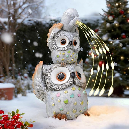 Solar Garden Statues Outdoor Decor, Watering Owl Statue Garden Decor, Resin Yard Decorations Outdoor for Patio, Porch, Balcony, Lawn Ornaments, House Warming Birthday Gifts for Mom Women Grandma