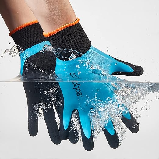 COOLJOB Waterproof Gardening Work Gloves with grip for Women & Men, Double Rubber Coated for Garden Yard Outdoor Construction Worker, Blue Medium Size 2 Pairs