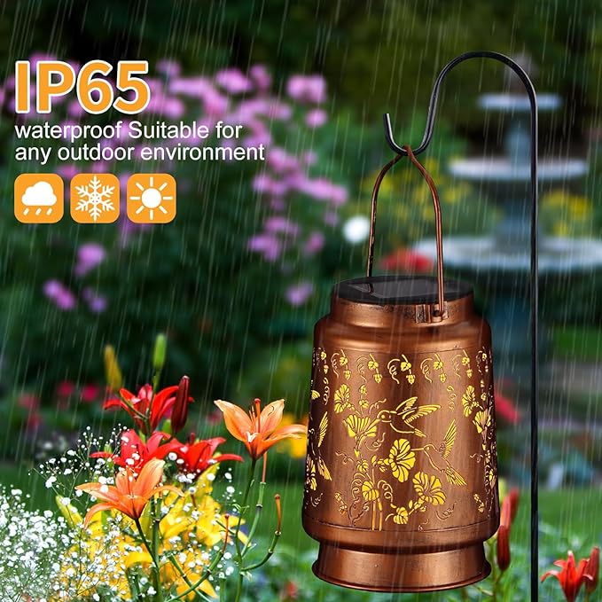 Solar Lantern Outdoor Hanging Waterproof Outside Metal Openwork Hummingbird Pattern Birthday Gifts for Women Mom Landscape Lights for Porch Garden Yard Patio Pathway Decor(Two Hummingbirds)