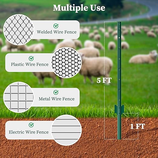 10 Pack Metal Fence Posts, 5ft Heavy Duty U-Post, Green Garden Stakes, No-Dig Post Anchors for Wire Fences, Temporary Fencing, Electric Fence, and Corner Support