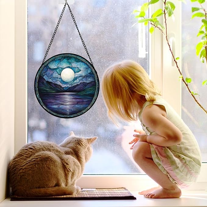 Stained Glass Window Hanging, Blue Night Moon Lake Sun Catchers Colorful Glass Panel Landscape Suncatcher Decor for Birthday for Women, Men, Wife, Aunt, and Mom 7.8 in