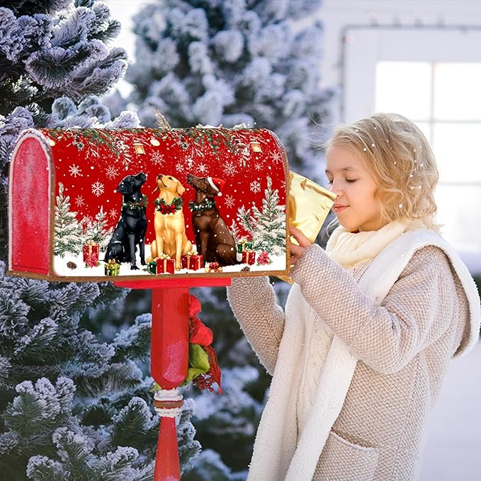 Christmas Dog Mailbox Cover with Magnetic 21x18 Inch Xmas Puppy Trees Winter Snowflakes Waterproof Mailbox Wrap Letter Post Cover Standard Size for Garden Yard Outdoor New Year Decor