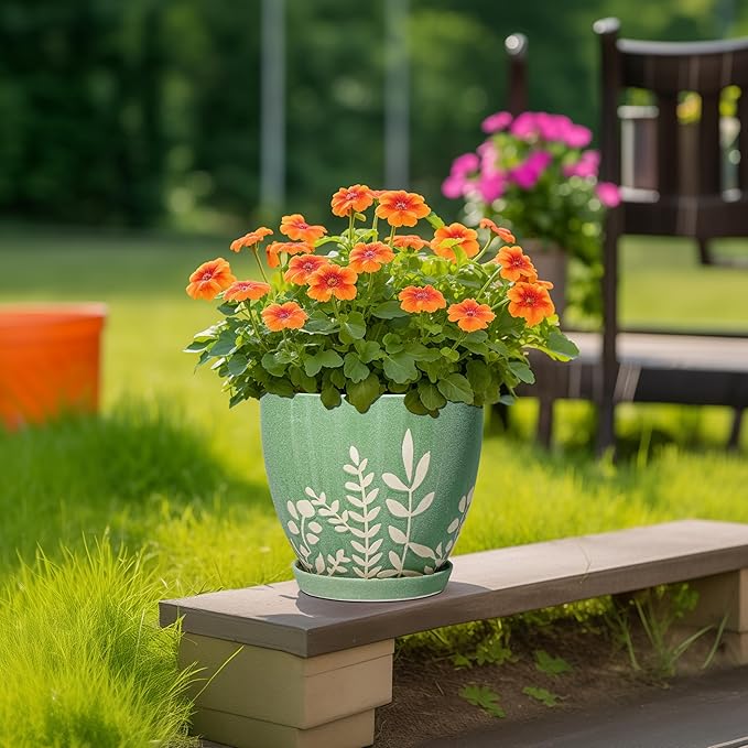 8 Inch Indoor Plant Pot with Drainage and Saucer - Ceramic Planter for Indoor Outdoor Plants, Decorative Flower Pot, Desk Home Office Garden Decor, Plant Lovers Gifts, Green