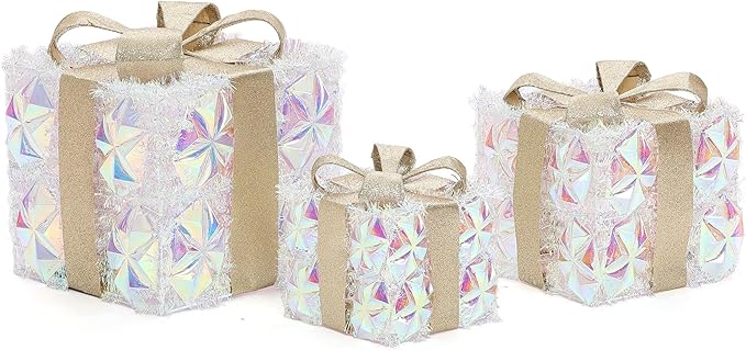 LuxenHome Set of 3 Lighted Gift Boxes, Plug-in Silver Prism with Gold Ribbon Bow Boxes with 70 LED Lights for Entryway, Lawn, Porch, Under Tree Indoor, Outdoor Christmas Decoration