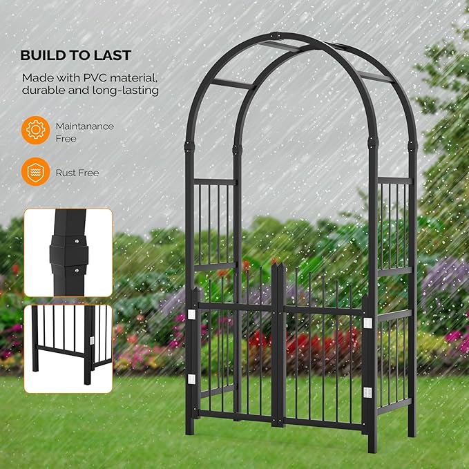VINGLI Garden Arbor with Gate, PVC Wedding Arch for Ceremony Party, Trellis for Climbing Plants Outdoor for Backyard, Lawn (Black)