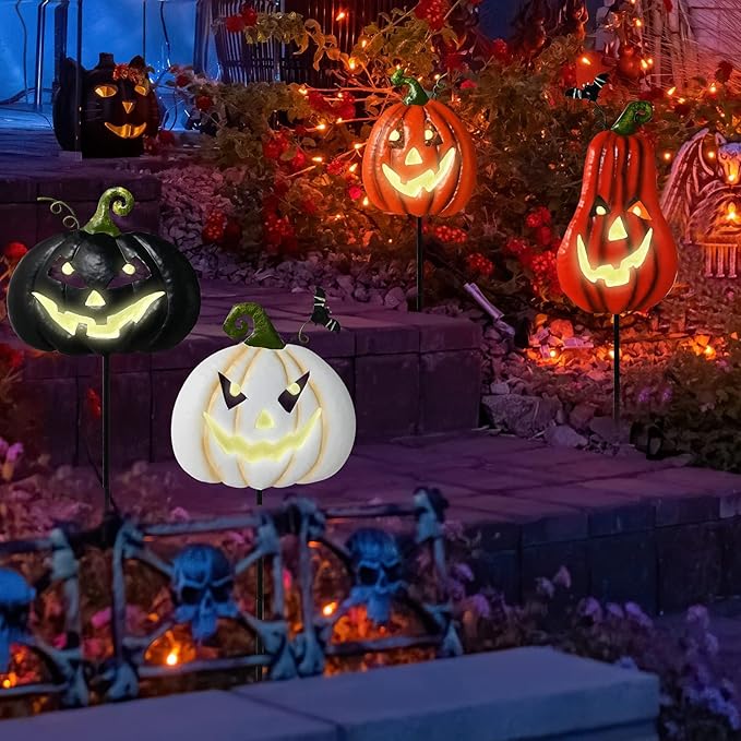 Halloween/Thanksgiving Metal Stakes Pumpkin, Jack o Lantern Spooky Faces Smile with Luminous Effect, Garden Yard Signs, Halloween Pumpkins Outdoor, Pumpkin Decorations Outdoor,Set of 4