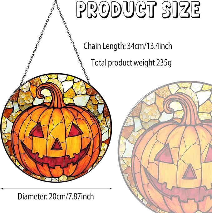 Pumpkin Stained Glass Window Hanging Horror Sun Catcher Decor Halloween Suncatchers for Garden Home Windows Hanging Decoration, 7.87inch