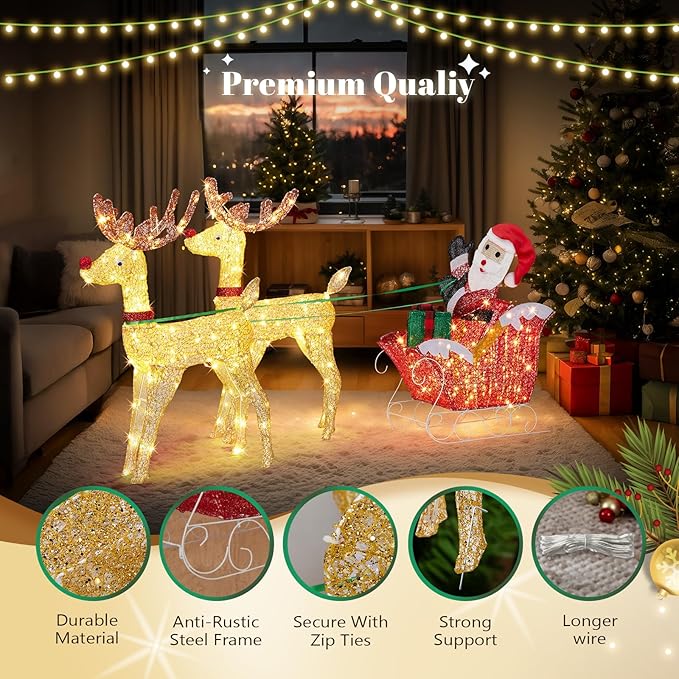 VINGLI 6FT Lighted Christmas Reindeer and Sleigh Outdoor Decorations, 2 Reindeer Pulling Santa’s Sleigh, Warm White LED Glitter Mesh Deer for Xmas Yard Lawn Garden Porch Holiday Decor