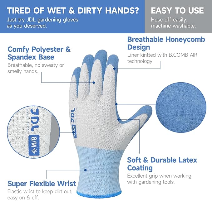 JDL Gardening Gloves for Women, 2 Pairs Breathable Latex Coated Yard Garden Gloves, Rubber Outdoor Protective Work Gloves with Grip, Blue, Medium Size